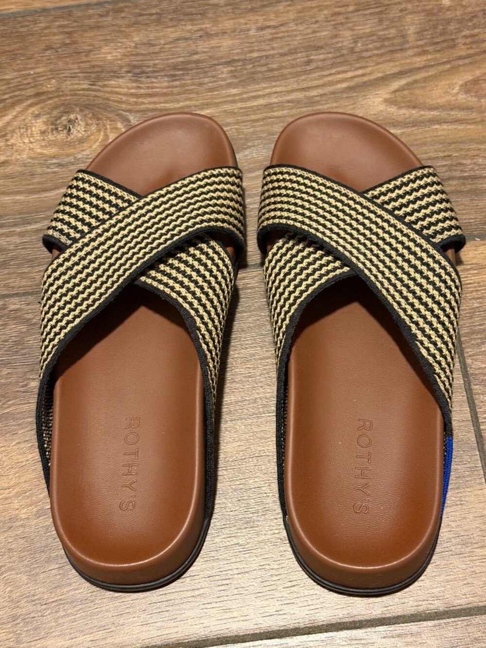 Rothy's Brown Footbed Sandals with Black and Cream Crossed Straps